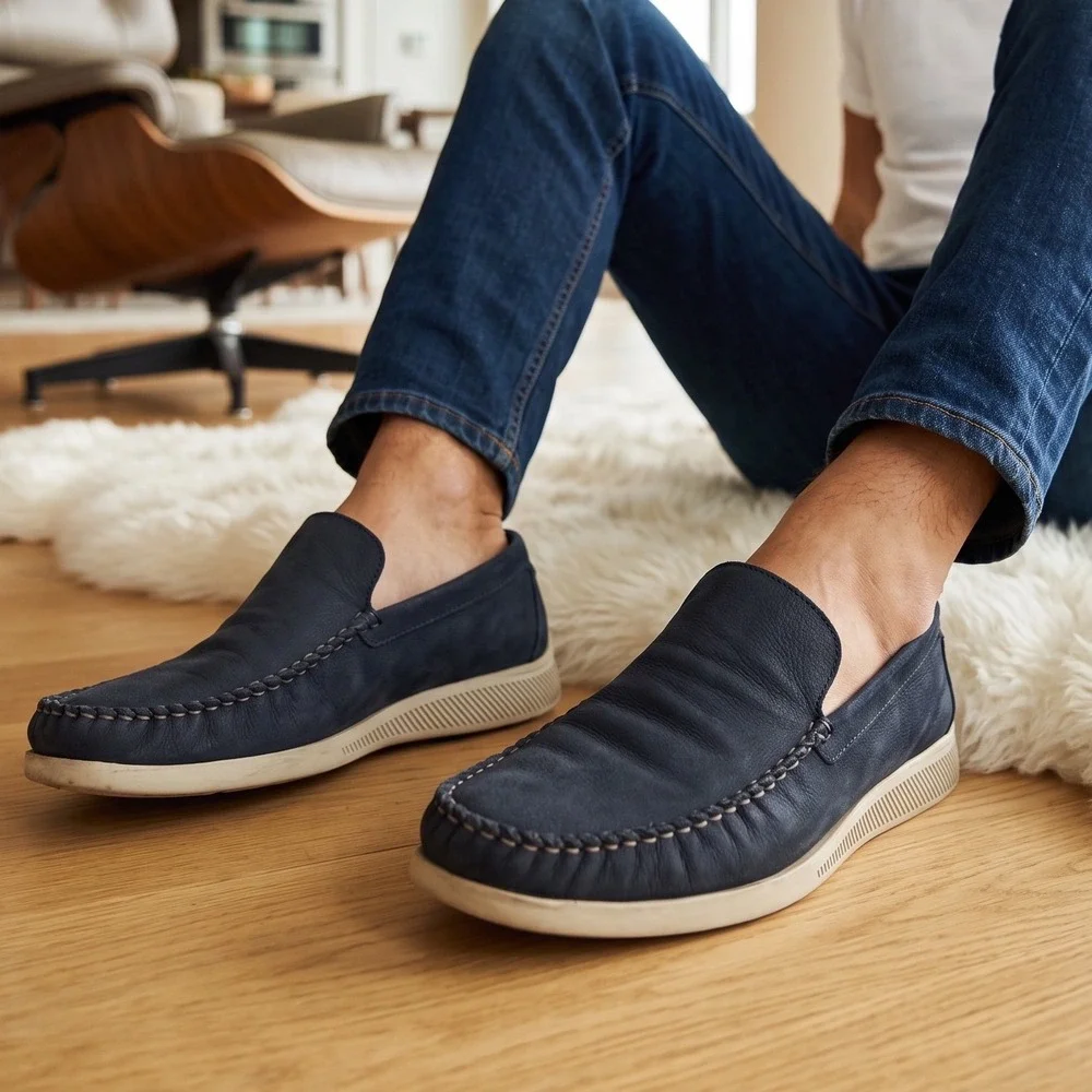 Hoddi MDV001 Mens Navy Pebbled Leather Slip On Driving Loafers Shoes Size 10